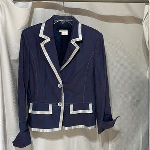 Script 12 blue linen jacket white ribbon trim NWT